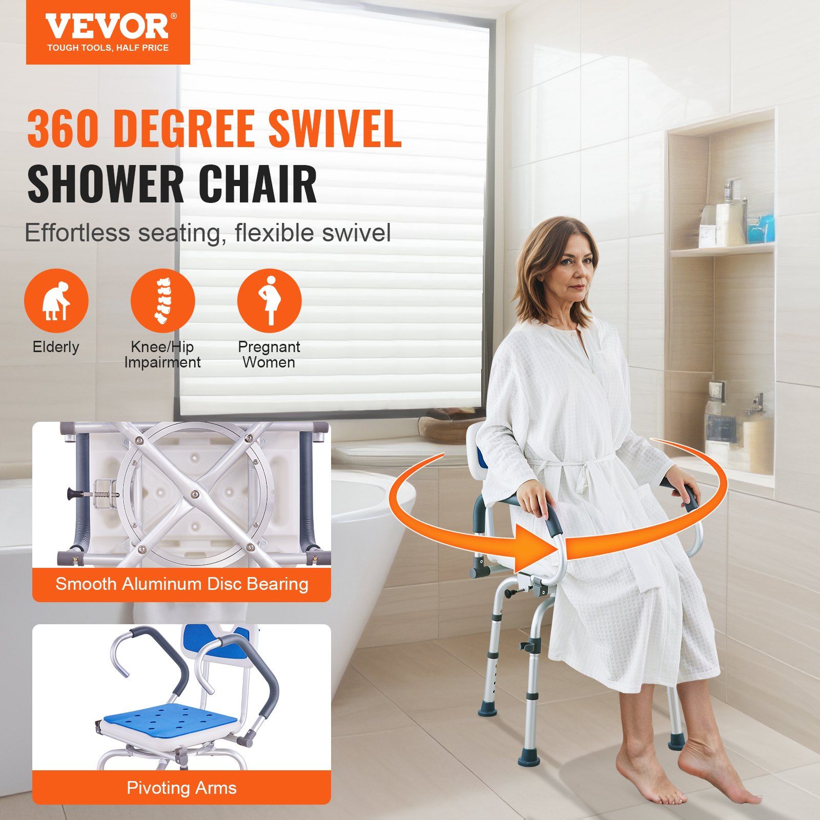 Hlpmedical swivel shower chair with 360-degree rotation, adjustable seat, pivoting arms, non-slip surface, suitable for elderly and disabled.