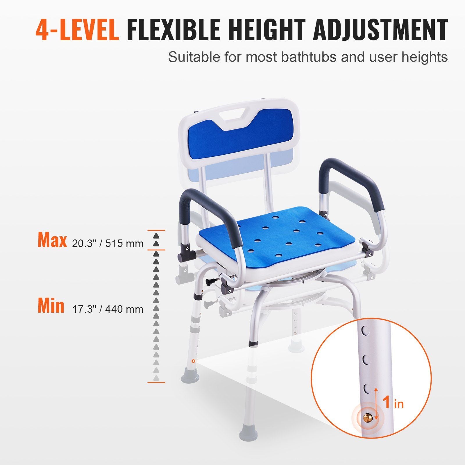Hlpmedical swivel shower chair with 360-degree rotation, adjustable height, pivoting arms, non-slip seat for elderly or disabled users