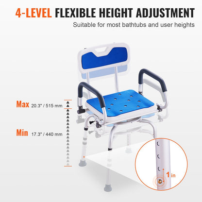 Hlpmedical swivel shower chair with 360-degree rotation, adjustable height, pivoting arms, non-slip seat for elderly or disabled users