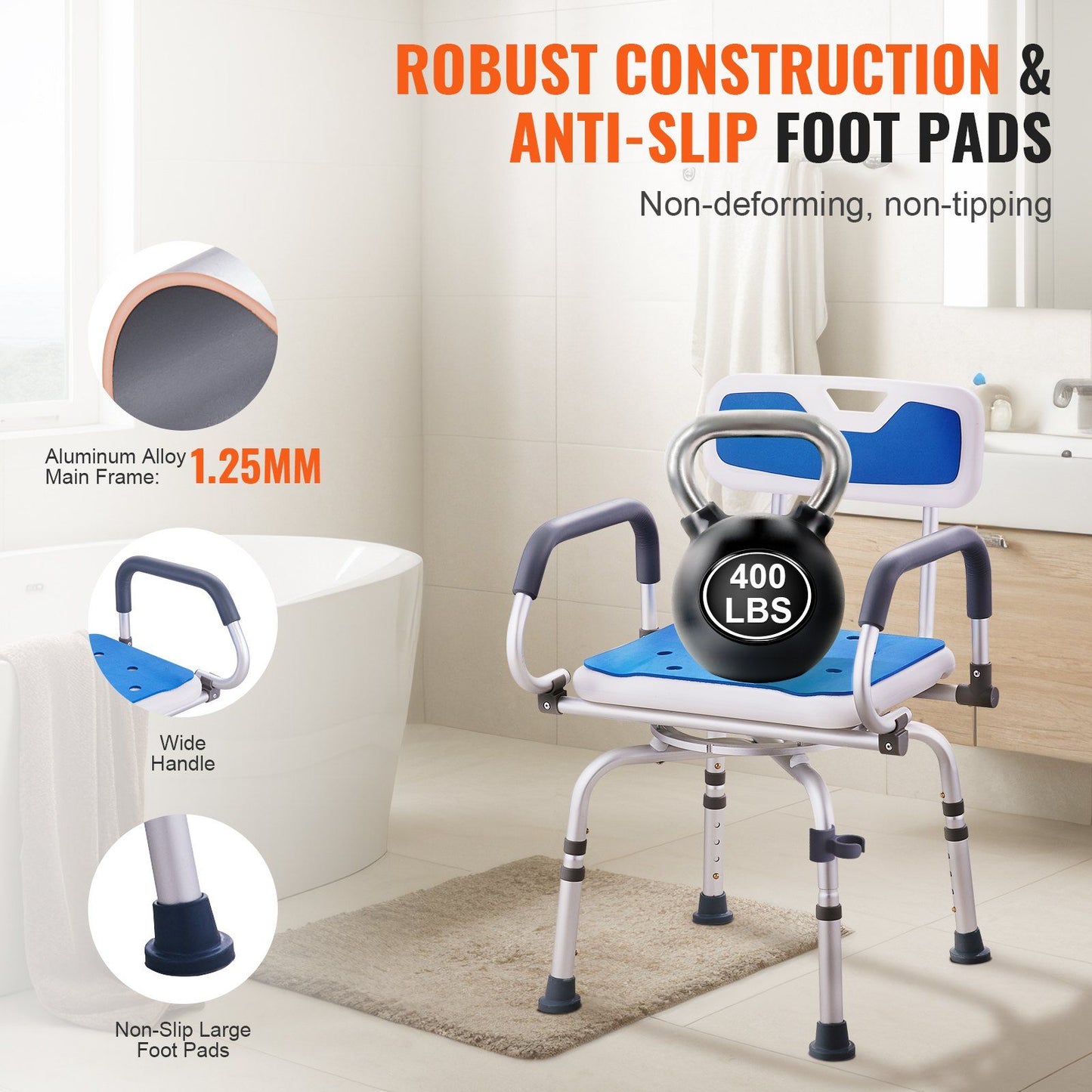 Hlpmedical swivel shower chair with 360-degree rotation, adjustable height, non-slip seat, and pivoting arms for elderly or disabled users