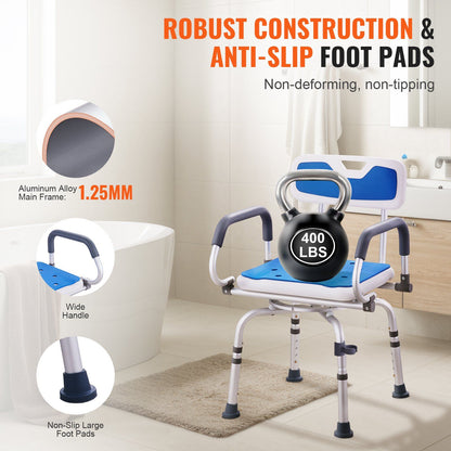Hlpmedical swivel shower chair with 360-degree rotation, adjustable height, non-slip seat, and pivoting arms for elderly or disabled users