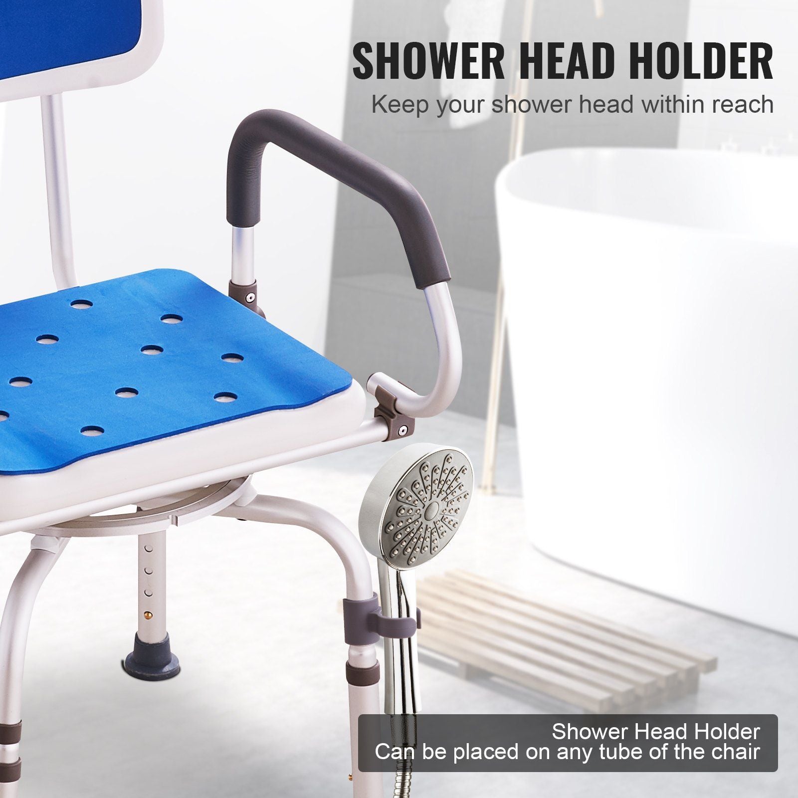 Hlpmedical swivel shower chair with 360-degree rotation, adjustable height, pivoting arms, non-slip seat for elderly or disabled users