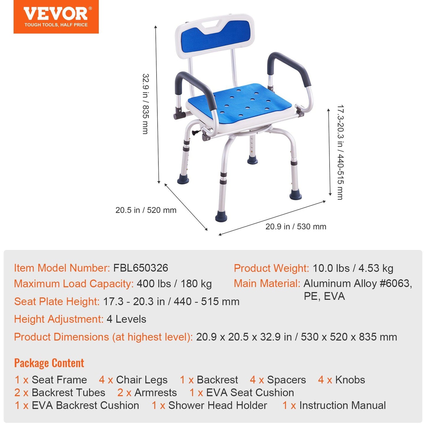 Hlpmedical swivel shower chair with 360-degree rotation, adjustable height, pivoting arms, non-slip seat, suitable for elderly or disabled.