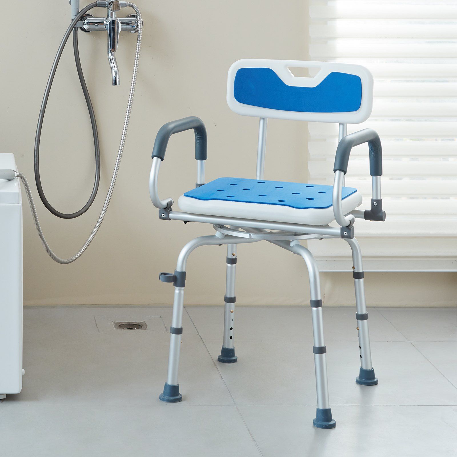 Hlpmedical swivel shower chair with 360-degree rotating seat, adjustable height, pivoting arms, non-slip surface for elderly or disabled.