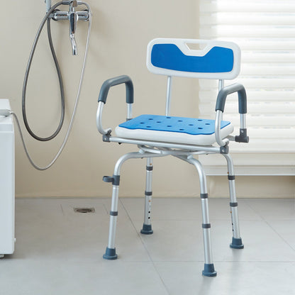 Hlpmedical swivel shower chair with 360-degree rotating seat, adjustable height, pivoting arms, non-slip surface for elderly or disabled.
