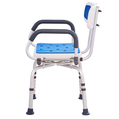 Hlpmedical swivel shower chair with 360° rotation, adjustable height, non-slip seat, and pivoting arms for elderly or disabled users