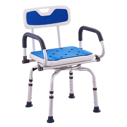 Hlpmedical swivel shower chair with 360-degree rotation, adjustable height, pivoting arms, non-slip seat for elderly and disabled.