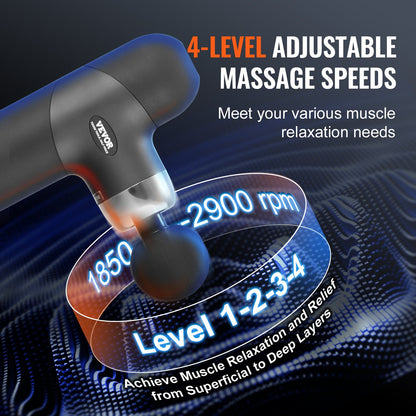 Hlpmedical deep tissue massage gun with four heads and speed settings, handheld muscle massager for pain relief and relaxation.
