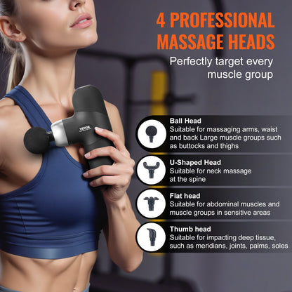 Hlpmedical deep tissue massage gun with four speed levels and four massage heads for muscle relief and relaxation.