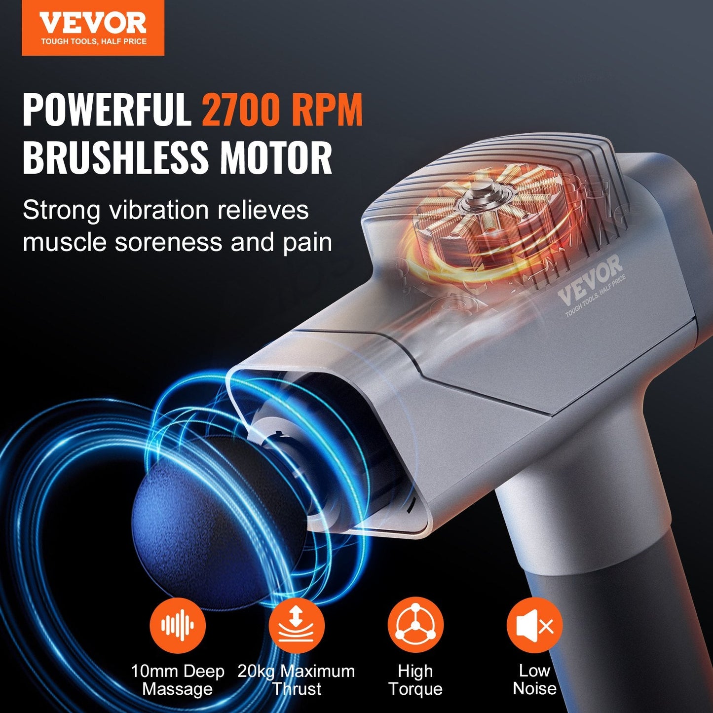 Hlpmedical deep tissue massage gun with 8 speed levels and 6 massage heads for muscle relief and relaxation.