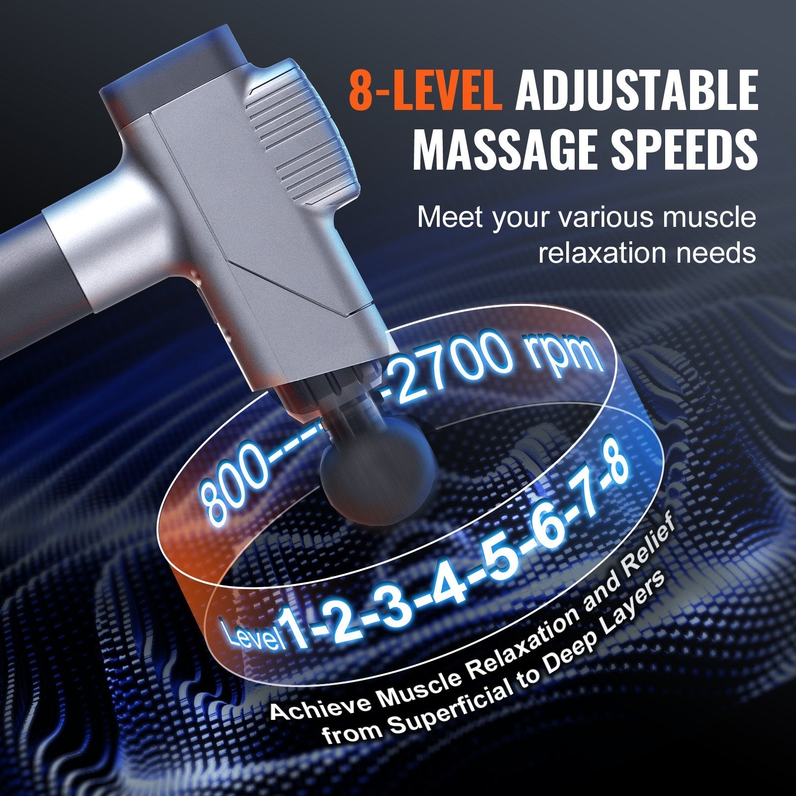 Hlpmedical massage gun with 8 speed levels, 6 massage heads, handheld design, displaying its deep tissue percussion therapy features.