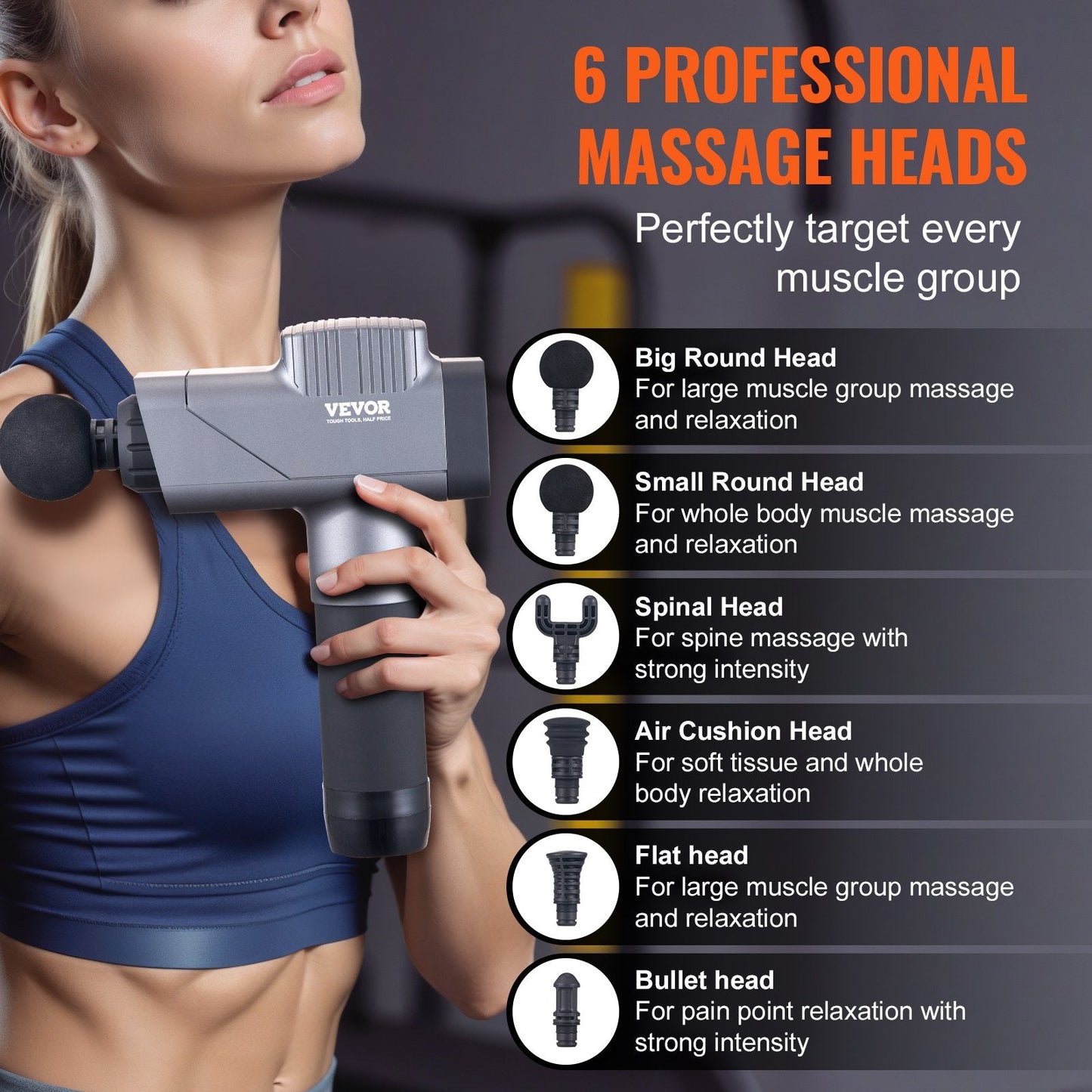 Hlpmedical deep tissue massage gun with 8 speed levels, 6 massage heads, and a handheld design for muscle relaxation and pain relief.