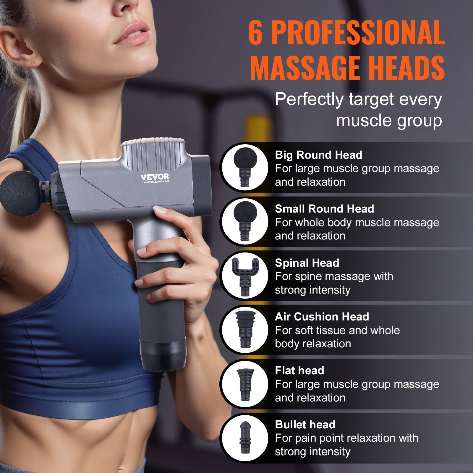 Hlpmedical deep tissue massage gun with 8 speed levels, 6 massage heads, and a handheld design for muscle relaxation and pain relief.