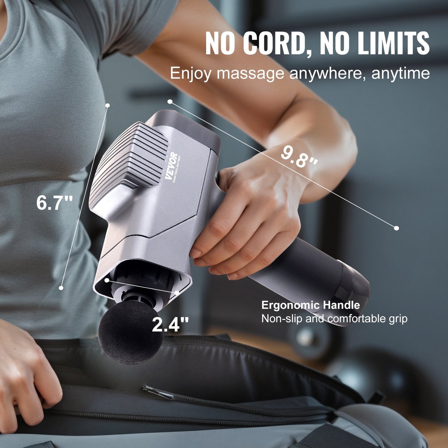 Hlpmedical deep tissue massage gun with 8 speed levels and 6 massage heads for muscle relaxation and pain relief.