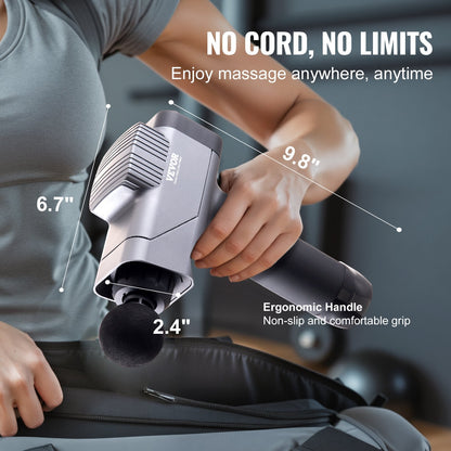 Hlpmedical deep tissue massage gun with 8 speed levels and 6 massage heads for muscle relaxation and pain relief.