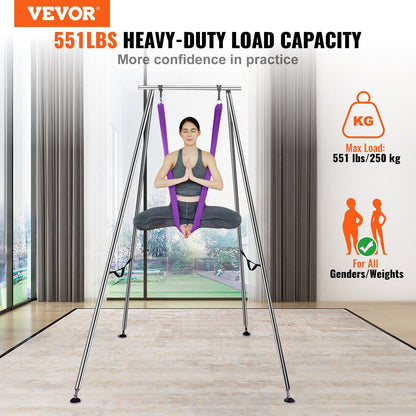 Aerial yoga frame with purple yoga hammock, sturdy stand, 2950mm height, 12m length, supports up to 250kg for indoor outdoor use.