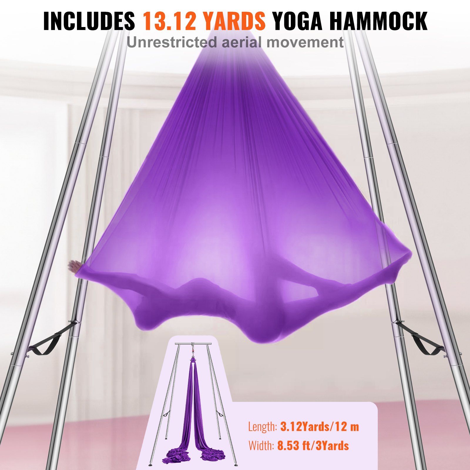 Purple aerial yoga frame and hammock stand with 12m aerial hammock, supports up to 250kg, ideal for indoor outdoor aerial yoga practice.