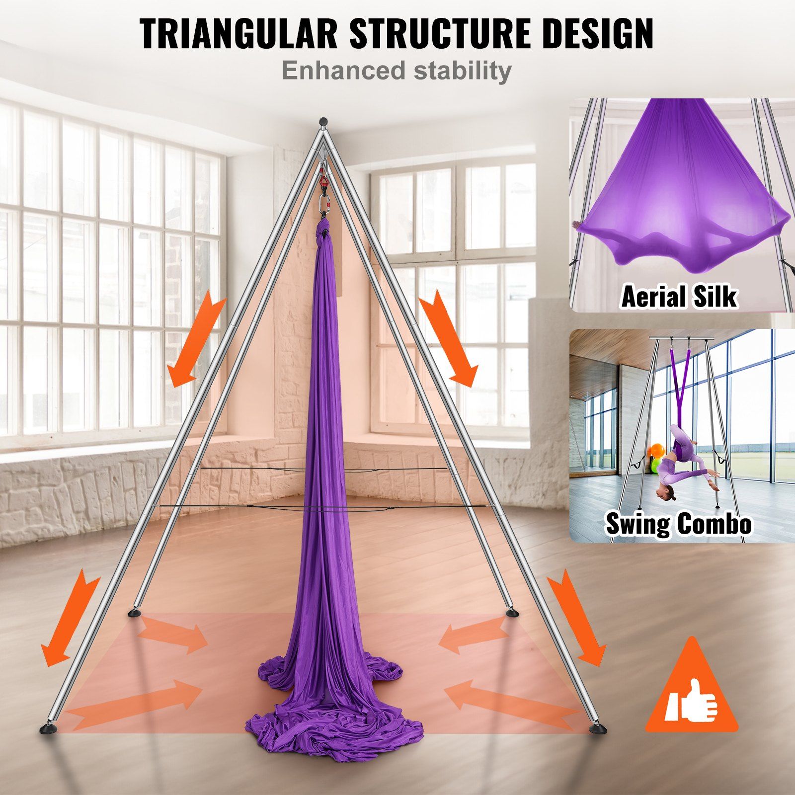 Hlpmedical aerial yoga frame with purple hammock and stand, 2950mm height, indoor/outdoor yoga rig, 250kg capacity, outdoor lounge setup