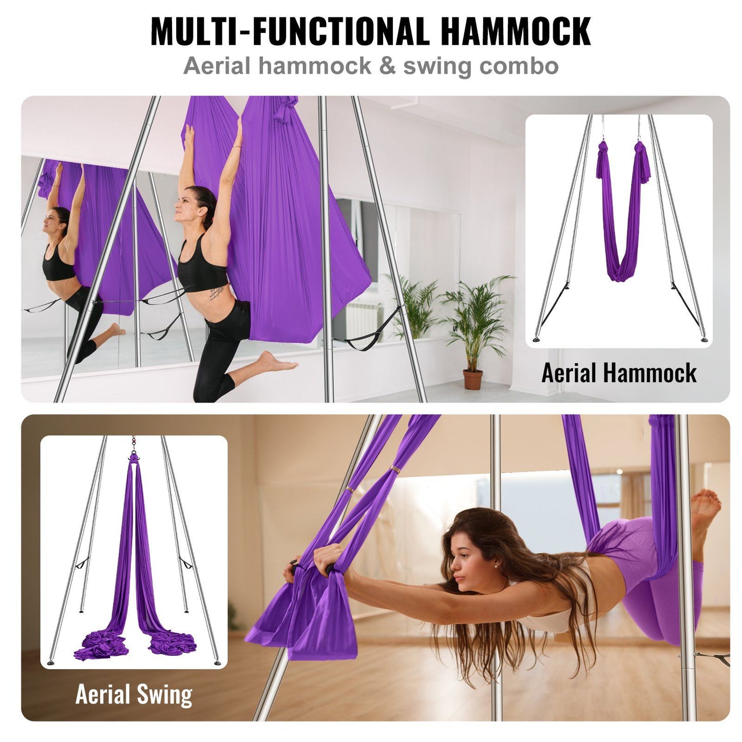 Purple aerial yoga frame with hammock, professional yoga swing stand, 2950mm height, supports 250kg, for indoor outdoor aerial yoga.
