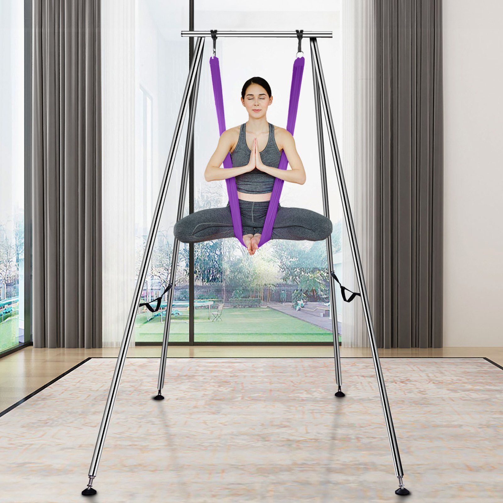 Purple aerial yoga frame with hammock and stand, 2950mm height, supports 250kg, ideal for indoor and outdoor aerial yoga practice.