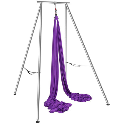 Hlpmedical aerial yoga frame with purple hammock, 2950mm stand, 12m aerial hammock, supports 250kg for indoor or outdoor yoga setup.