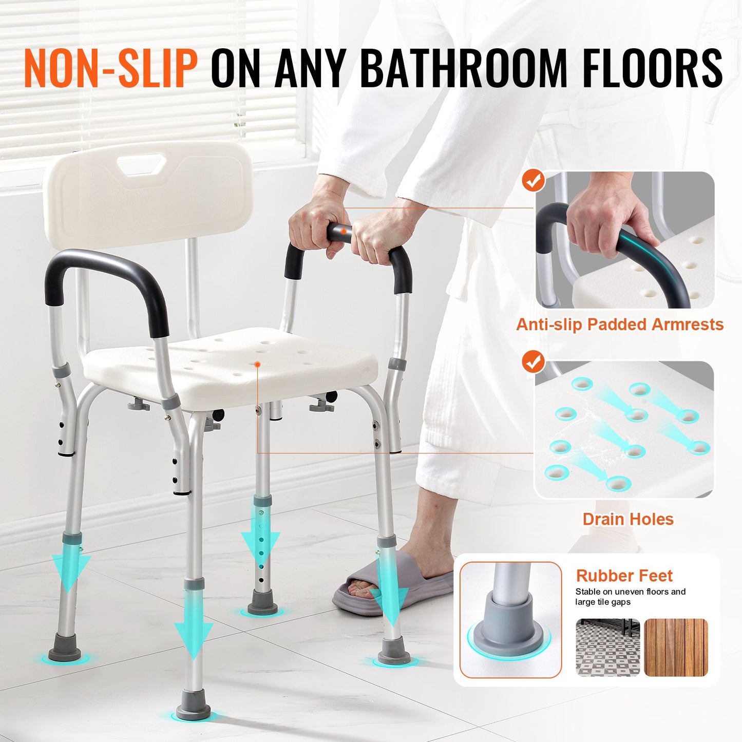 Hlpmedical shower chair with backrest, adjustable height, non-slip bath seat for elderly and disabled, supports up to 158.8 kg.