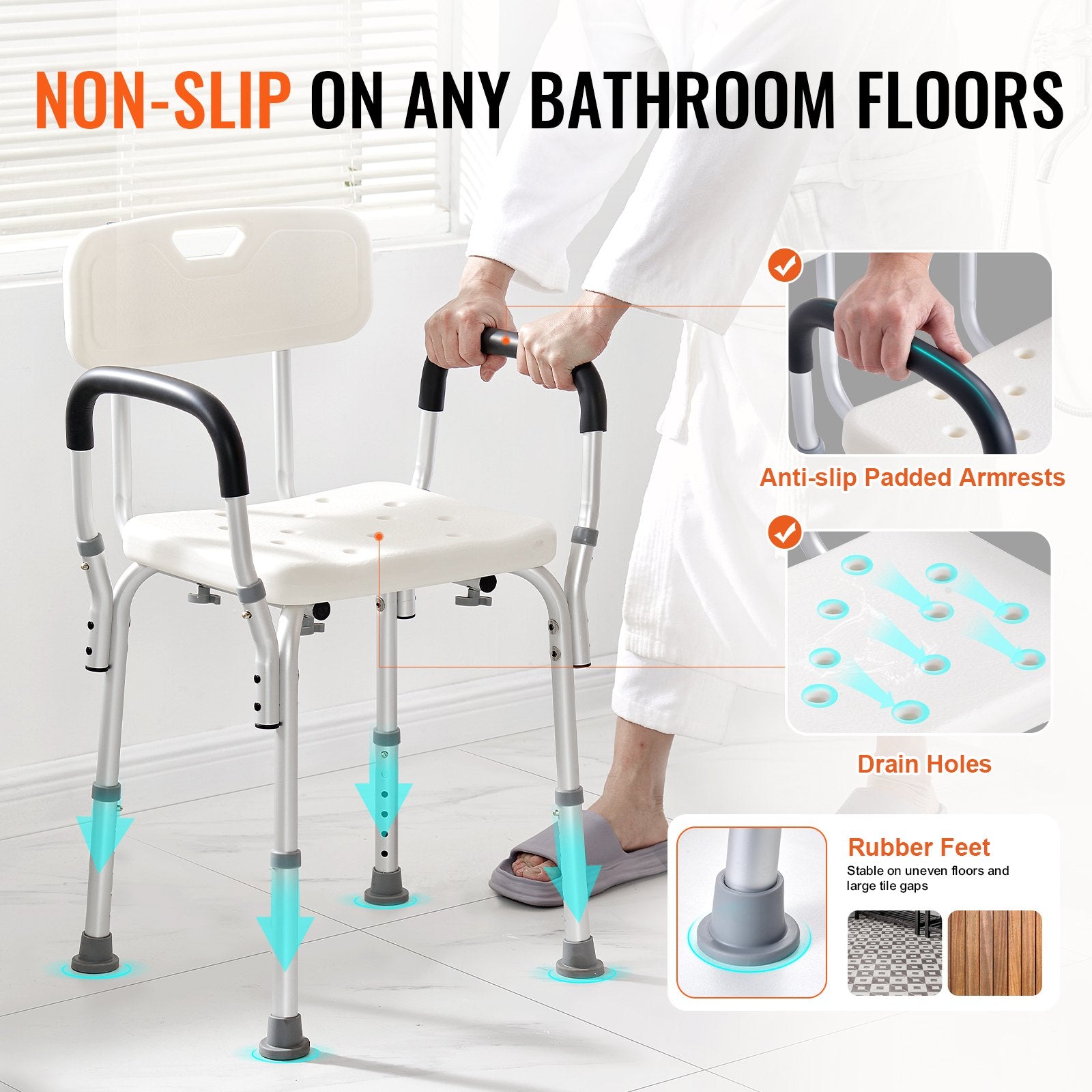Hlpmedical shower chair with backrest, adjustable height, non-slip bath seat for elderly and disabled, supports up to 158.8 kg.