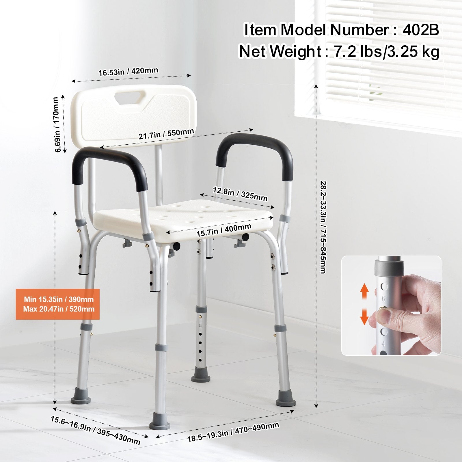 Hlpmedical shower chair with backrest, adjustable height, non-slip seat, suitable for elderly and disabled inside bathroom shower.