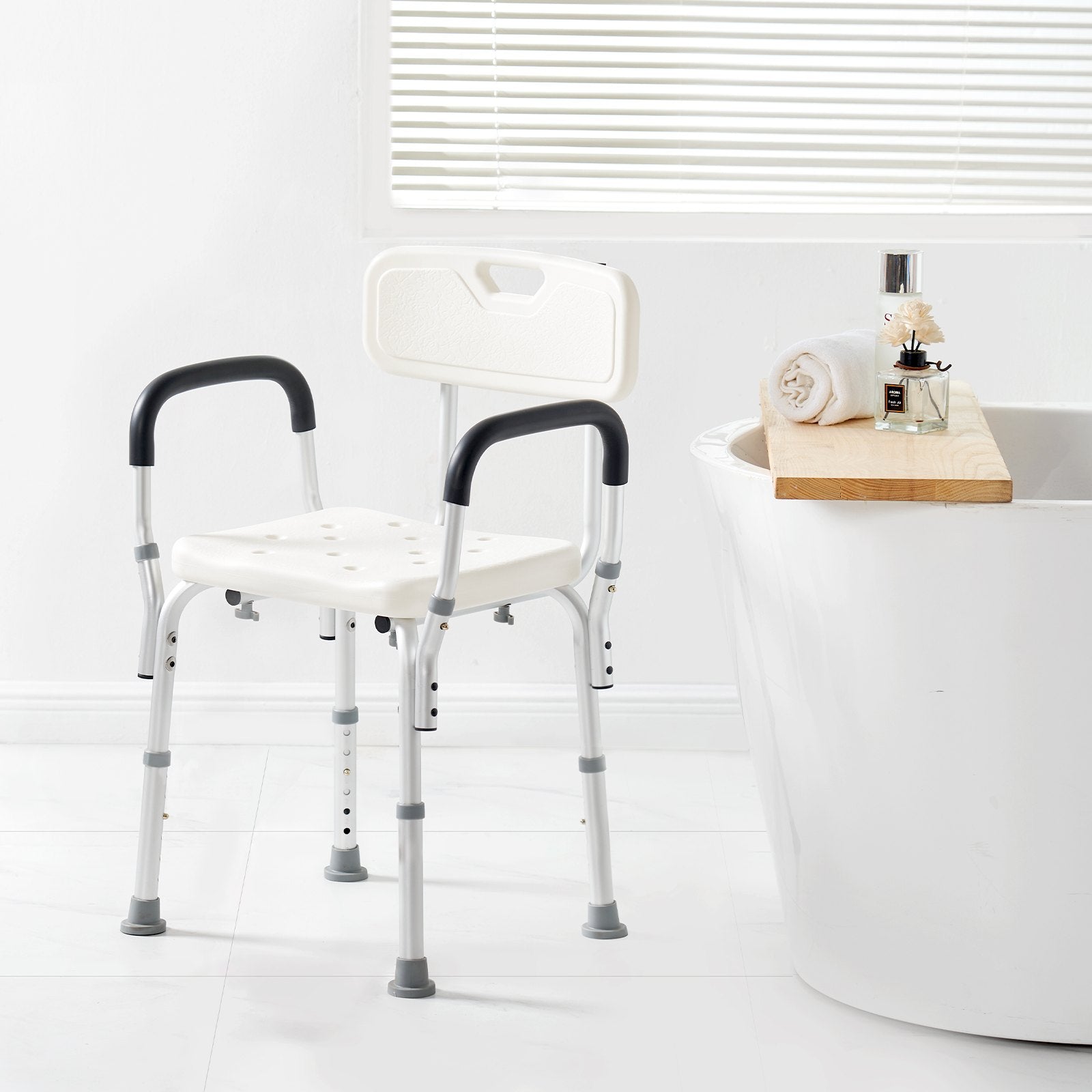 Hlpmedical shower chair with backrest, adjustable height, non-slip surface, suitable for elderly or disabled users in bathroom.