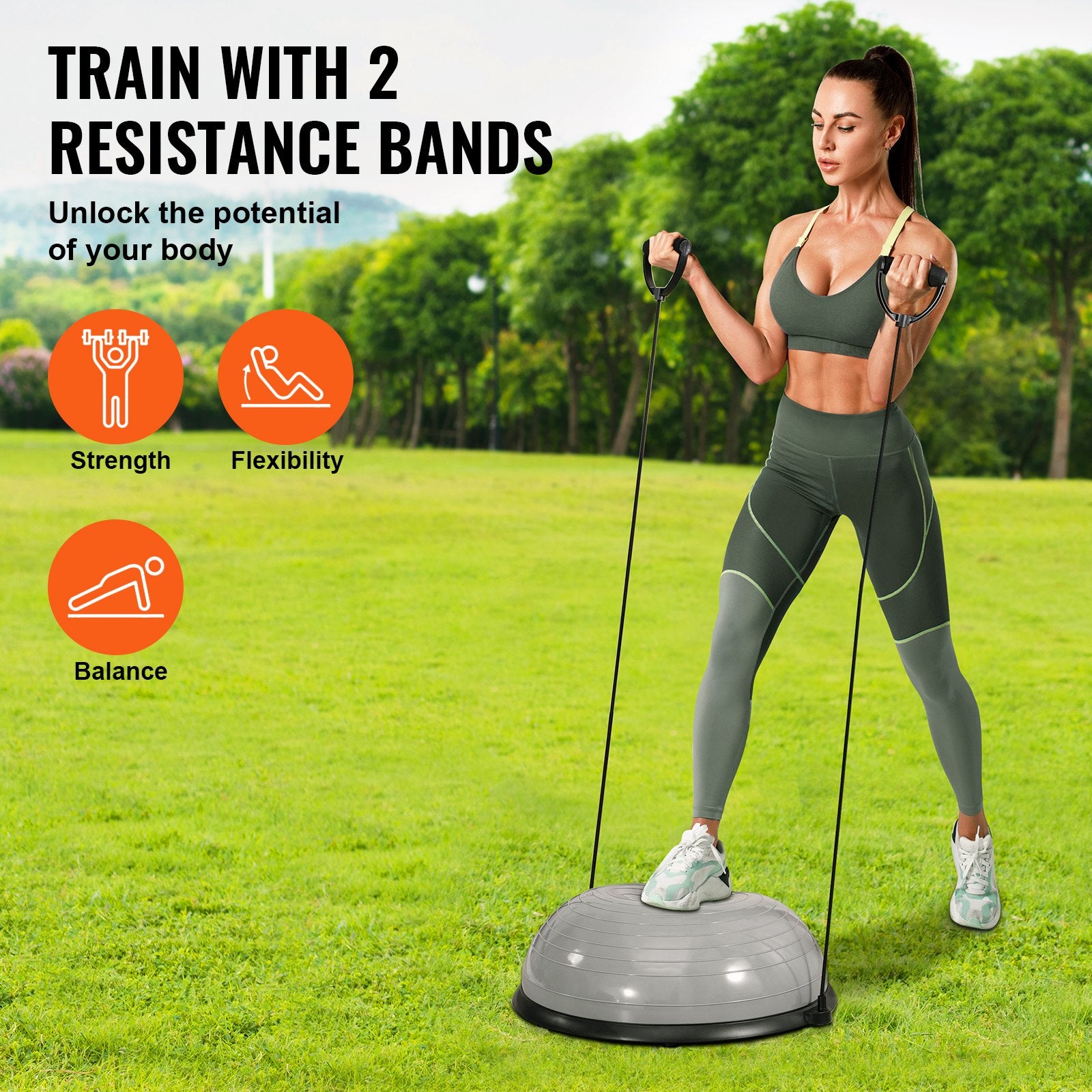 Gray 23-inch Hlpmedical exercise ball with resistance bands, foot pump, suitable for full body workouts and stability training.