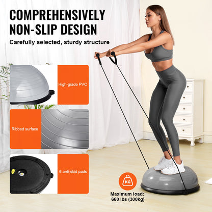 Gray 23-inch Hlpmedical exercise ball with resistance bands, foot pump, and stability features for full body workout and balance training.