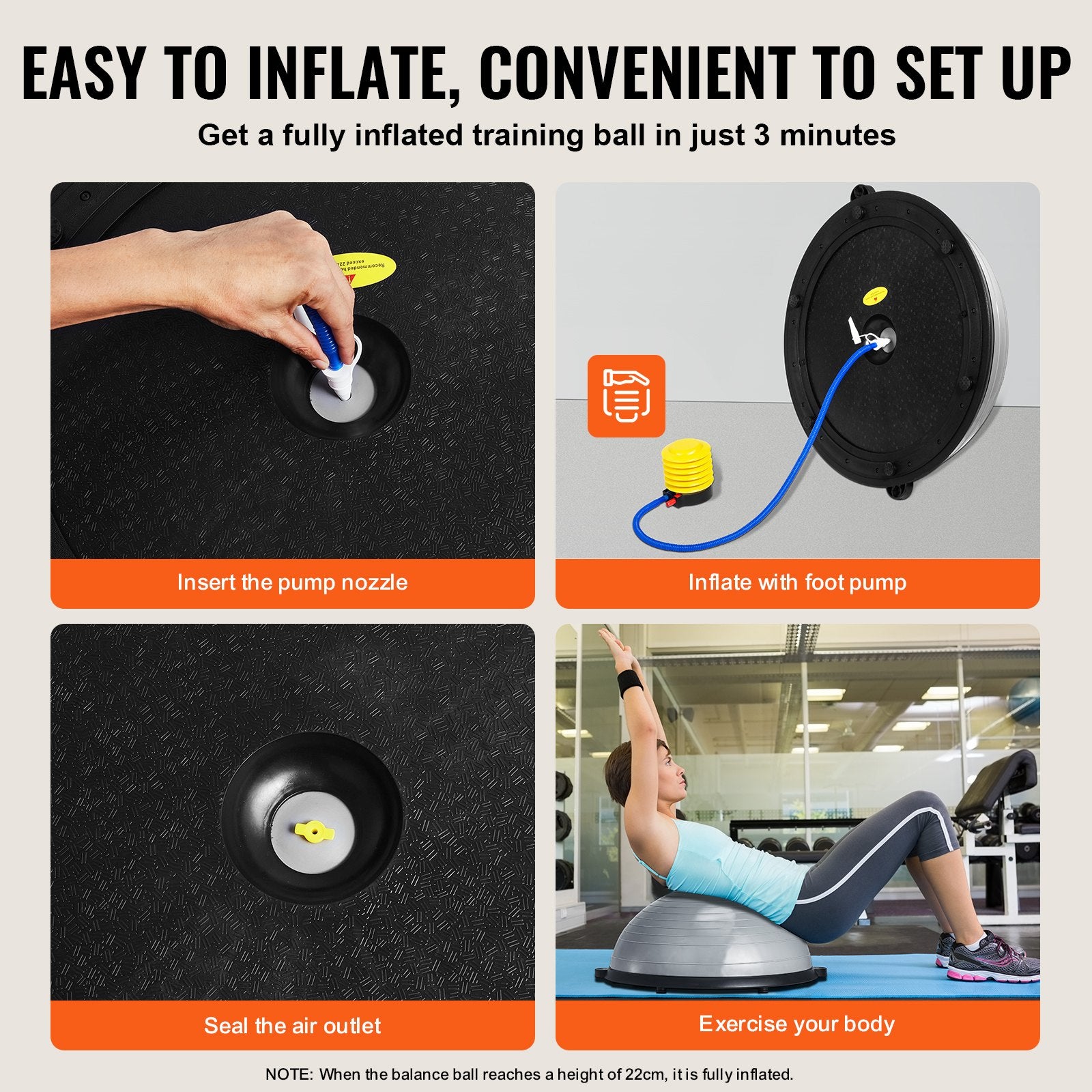 Gray 23-inch Hlpmedical balance ball trainer with resistance bands and foot pump for core strength and full-body workouts.