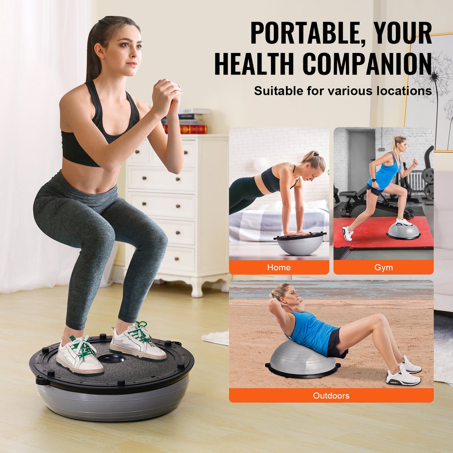 Gray 23-inch Hlpmedical stability ball with resistance bands and foot pump for full-body workout and balance training.
