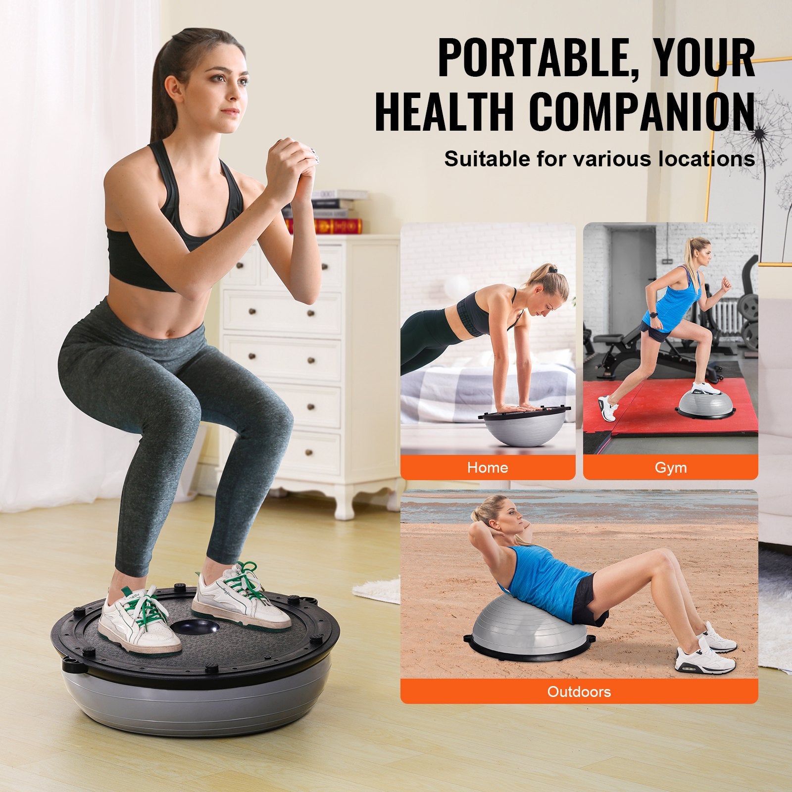 Gray 23-inch Hlpmedical stability ball with resistance bands and foot pump for full-body workout and balance training.