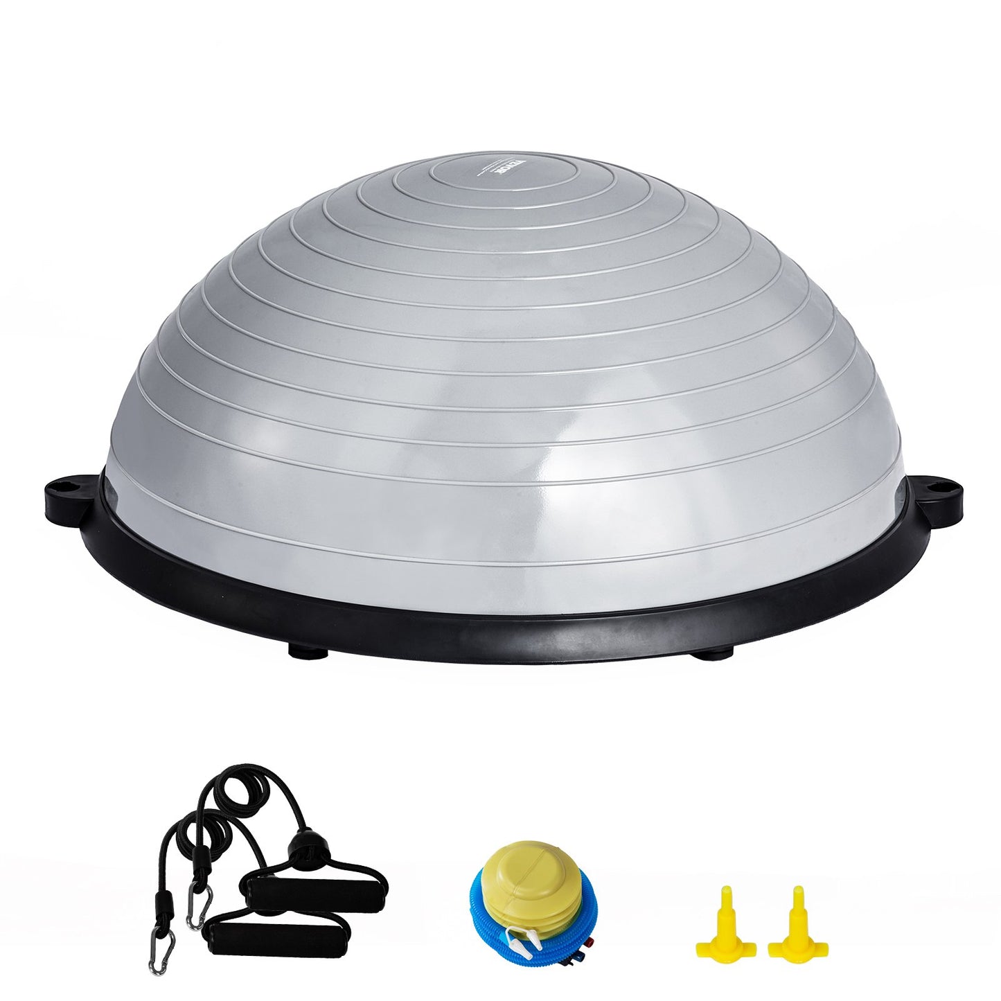 Gray half exercise ball trainer with resistance bands and foot pump, 23-inch balance fitness ball for full-body workouts and stability training.
