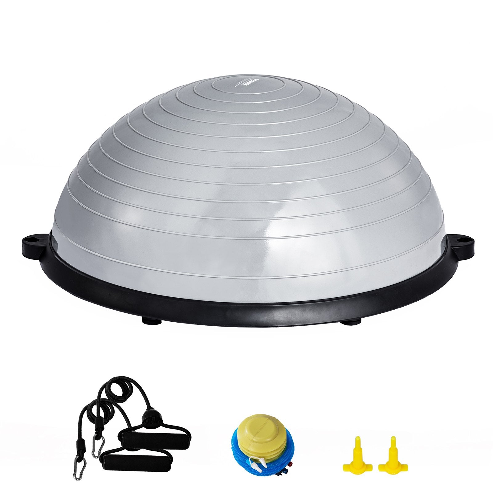 Gray half exercise ball trainer with resistance bands and foot pump, 23-inch balance fitness ball for full-body workouts and stability training.