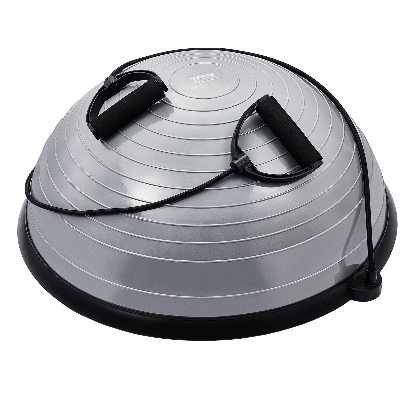 Gray half exercise ball trainer with resistance bands, foot pump, suitable for full body workouts and stability training at home.