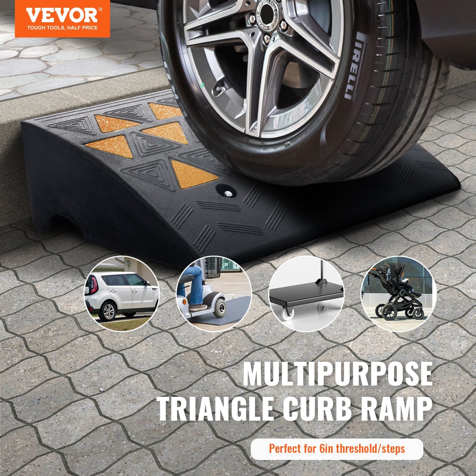 Heavy-duty rubber curb ramp by Hlpmedical, 15.2 cm rise, 37 cm wide, suitable for forklifts, trucks, cars, and wheelchairs.