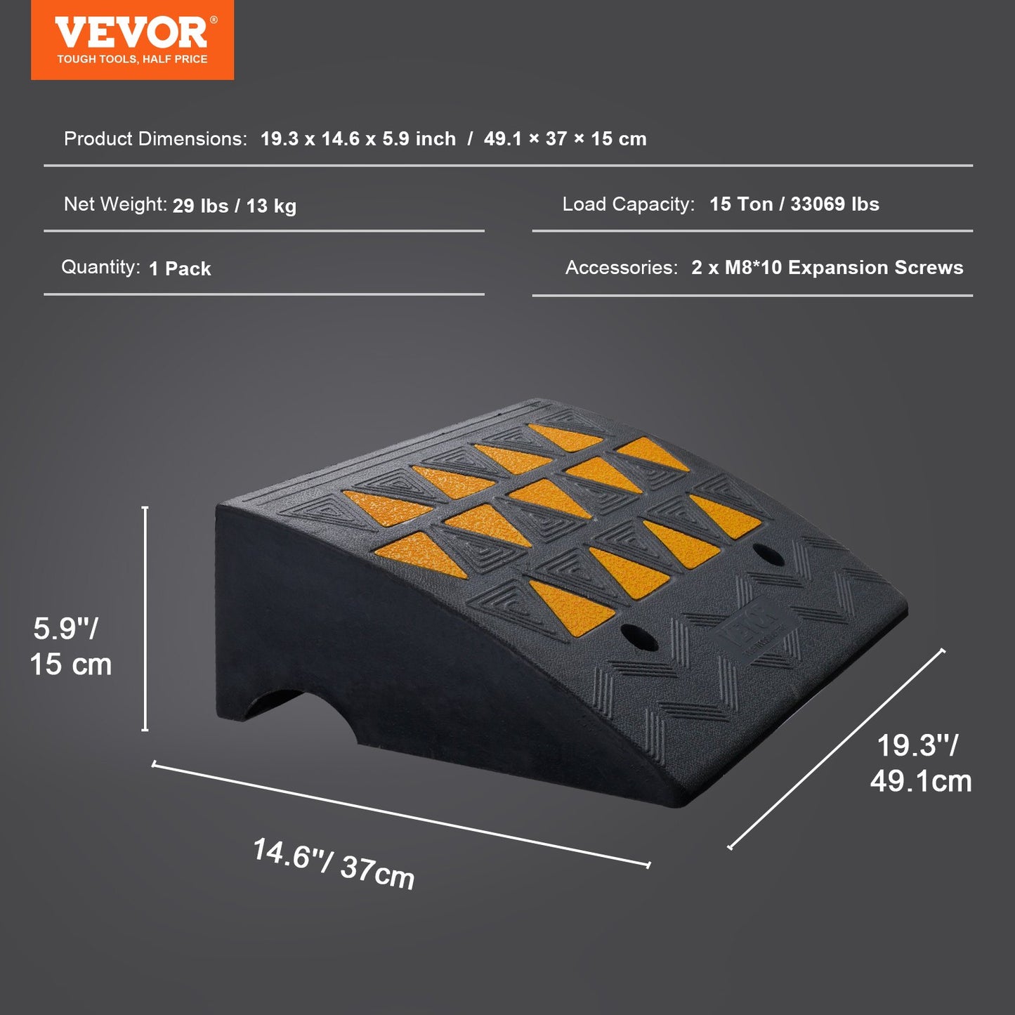Heavy-duty rubber curb ramp by Hlpmedical, 15.2 cm rise, 37 cm wide, ideal for driveways, trucks, forklifts, and wheelchairs.