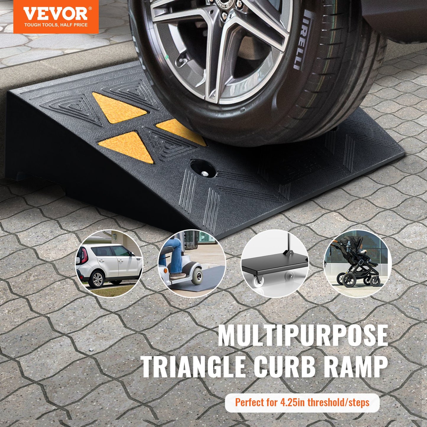 Heavy-duty rubber curb ramp by Hlpmedical, 10.8 cm rise, 30 cm width, ideal for forklifts, trucks, cars, and wheelchairs.