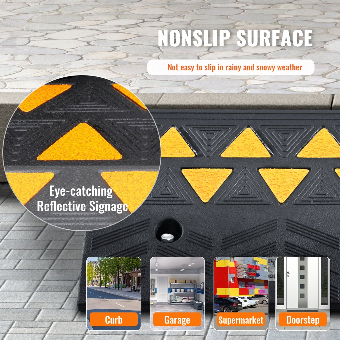 Heavy-duty rubber curb ramp by Hlpmedical, 10.8 cm rise, 30 cm width, ideal for driveways, forklifts, trucks, and wheelchairs.