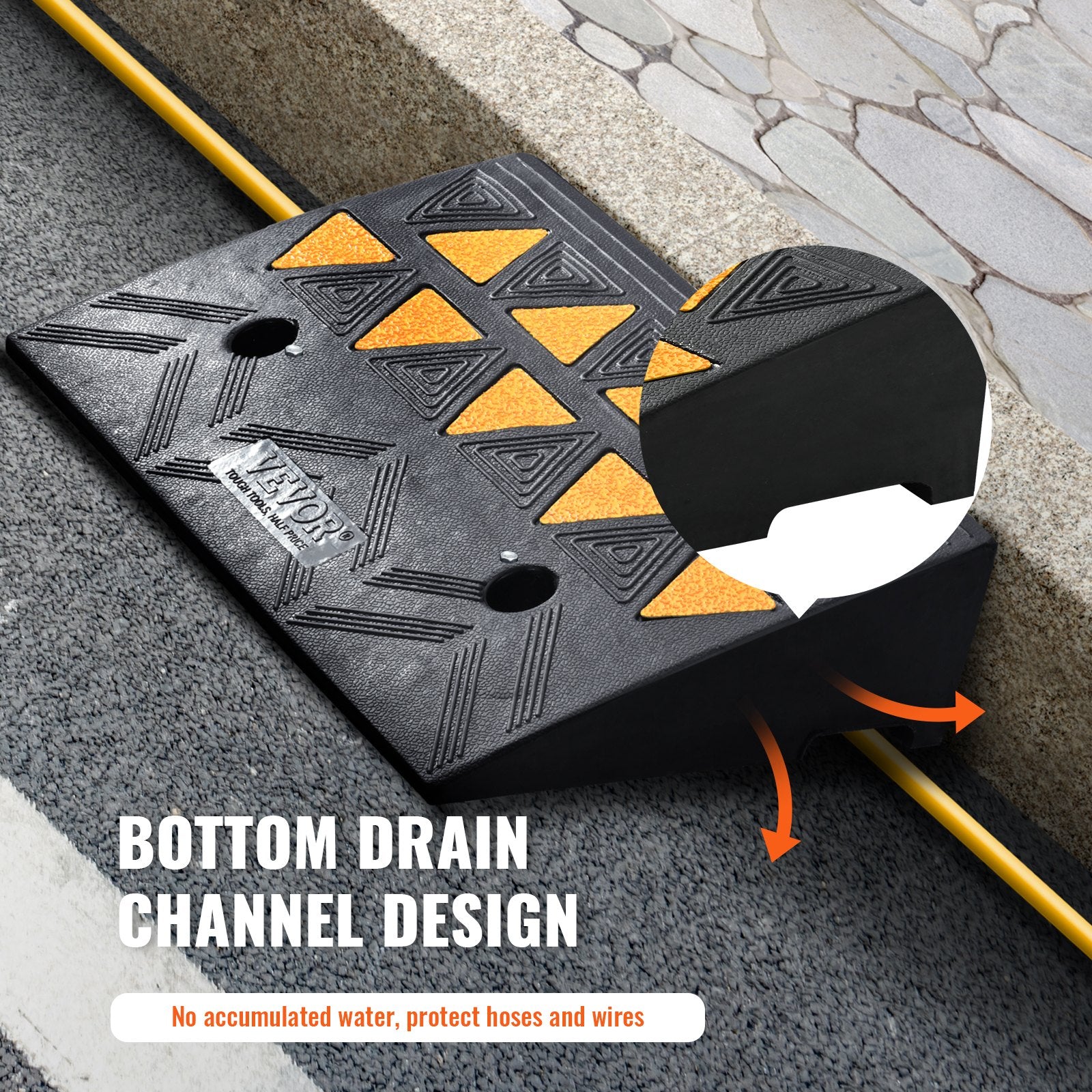 Heavy-duty rubber curb ramp by Hlpmedical, 50cm long, 30cm wide, 10.8cm rise for driveways, forklifts, trucks, and wheelchairs.