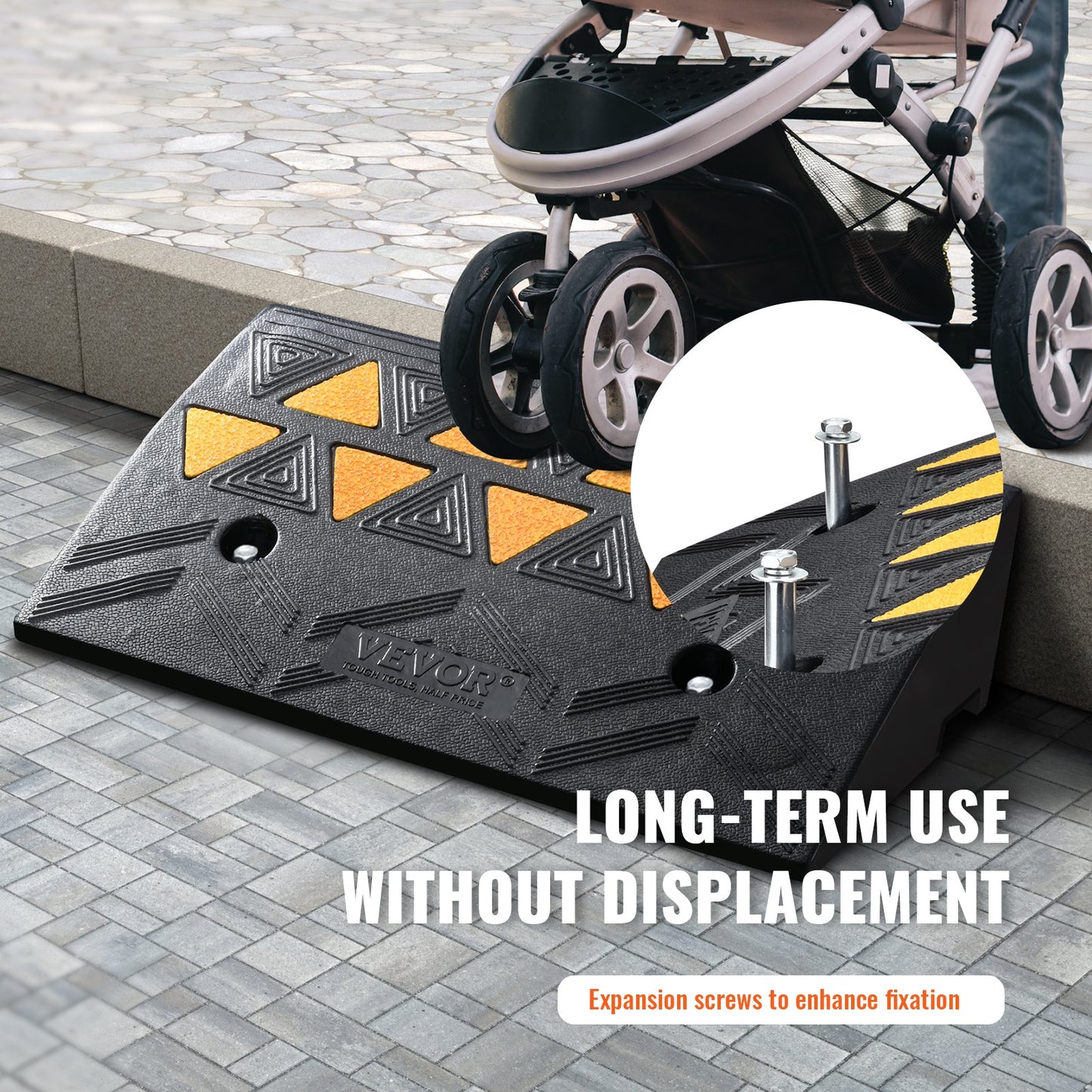 Heavy-duty rubber curb ramp by Hlpmedical, 50cm long, 30cm wide, 10.8cm rise for driveways, forklifts, trucks, wheelchairs, and bikes.