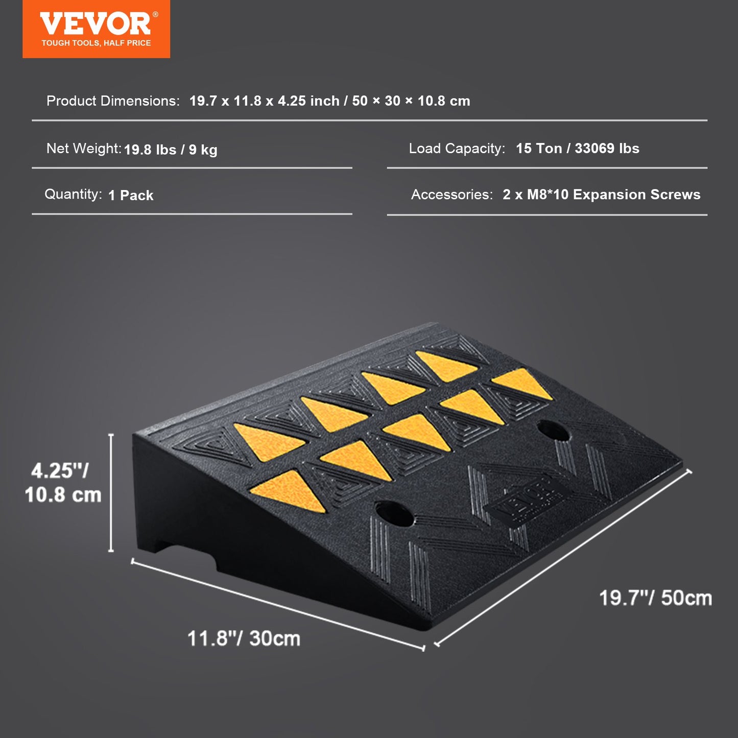 Heavy-duty rubber curb ramp by Hlpmedical, 10.8 cm rise, 30 cm width, driveway curb ramp for forklifts, trucks, vehicles, and wheelchairs.