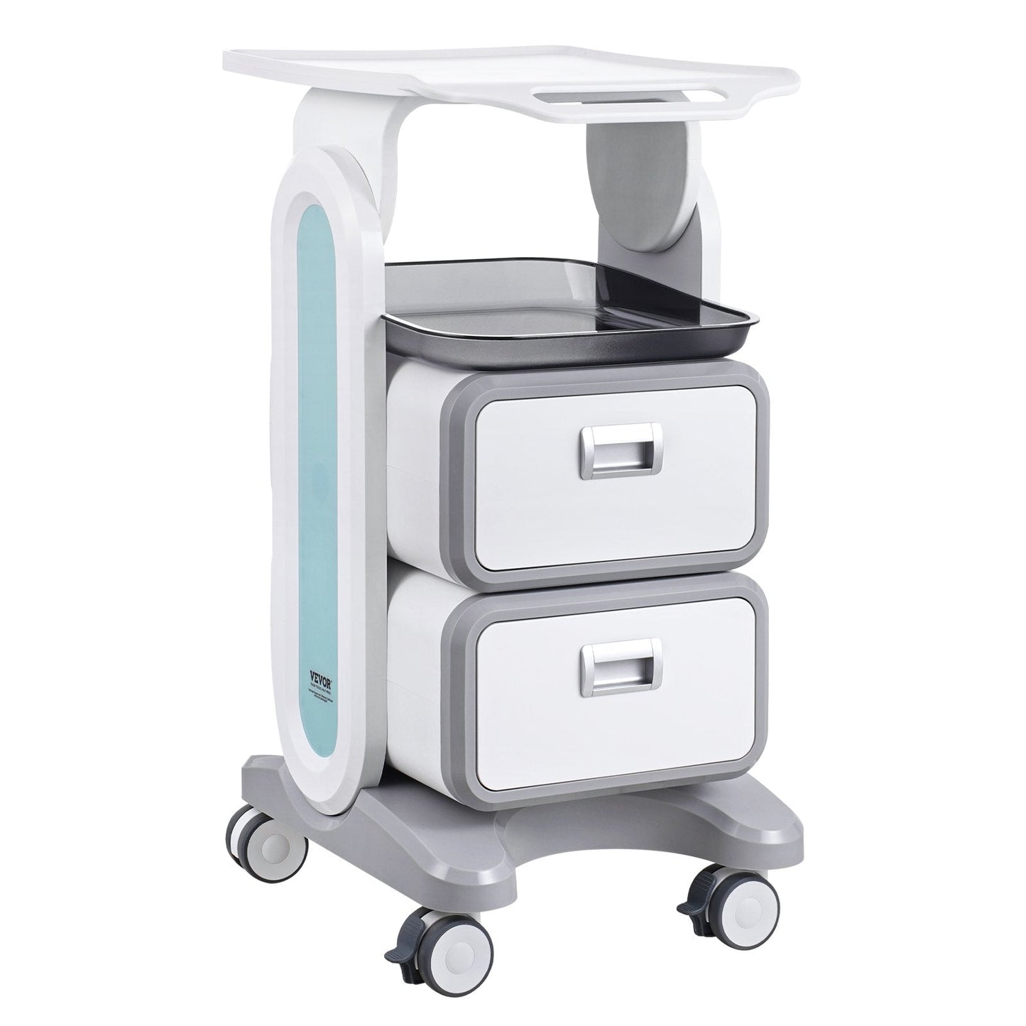 White 3-tier lab utility cart with 2 drawers, top tray, ABS material, four silent wheels, suitable for medical, lab, or salon use