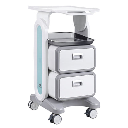 White 3-tier lab utility cart with 2 drawers, top tray, ABS material, four silent wheels, suitable for medical, lab, or salon use