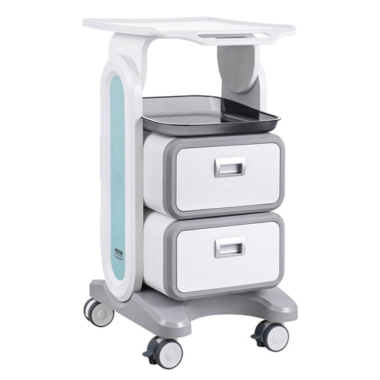 White 3-tier lab utility cart with 2 drawers, top tray, ABS material, four silent wheels, suitable for medical, lab, or salon use
