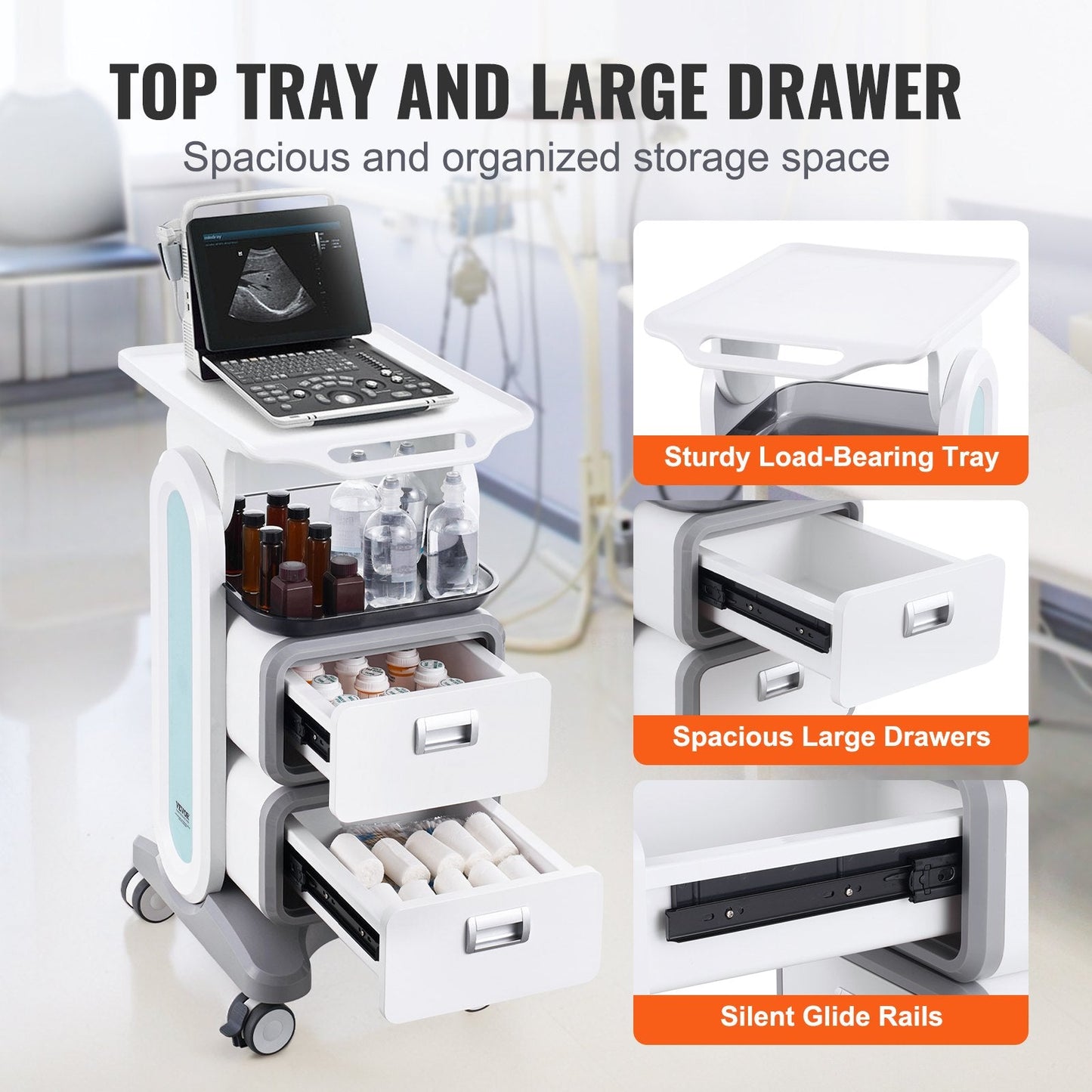 White 3-tier lab utility cart with 2 drawers, top tray, ABS material, mobile with 4 silent wheels, suitable for labs, clinics, hospitals.
