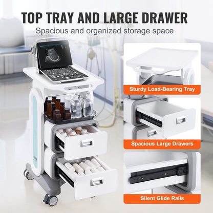 White 3-tier lab utility cart with 2 drawers, top tray, ABS material, mobile with 4 silent wheels, suitable for labs, clinics, hospitals.