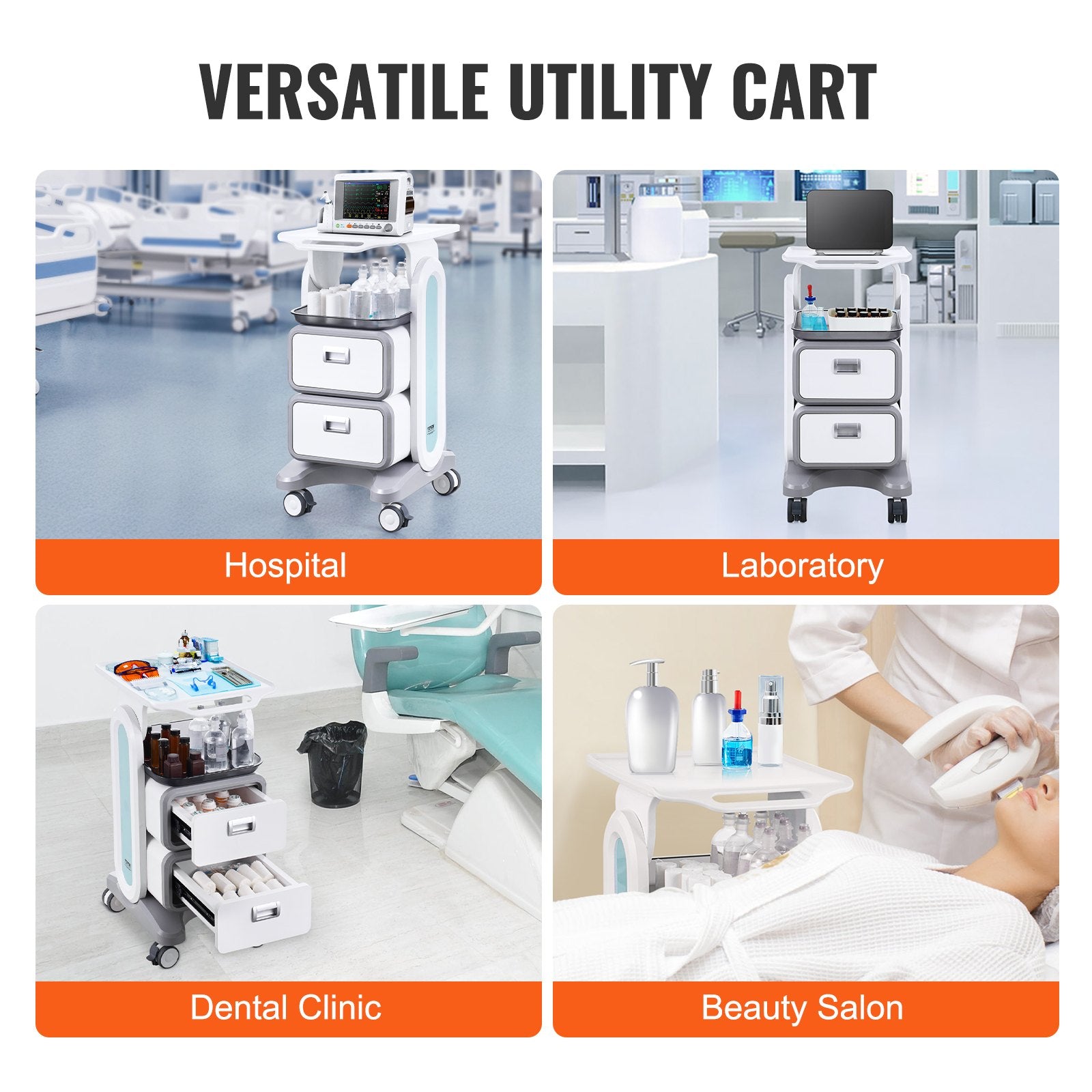 White 3-tier lab utility cart with 2 drawers, top tray, ABS material, 4 silent wheels, ideal for medical labs, clinics, and hospitals.